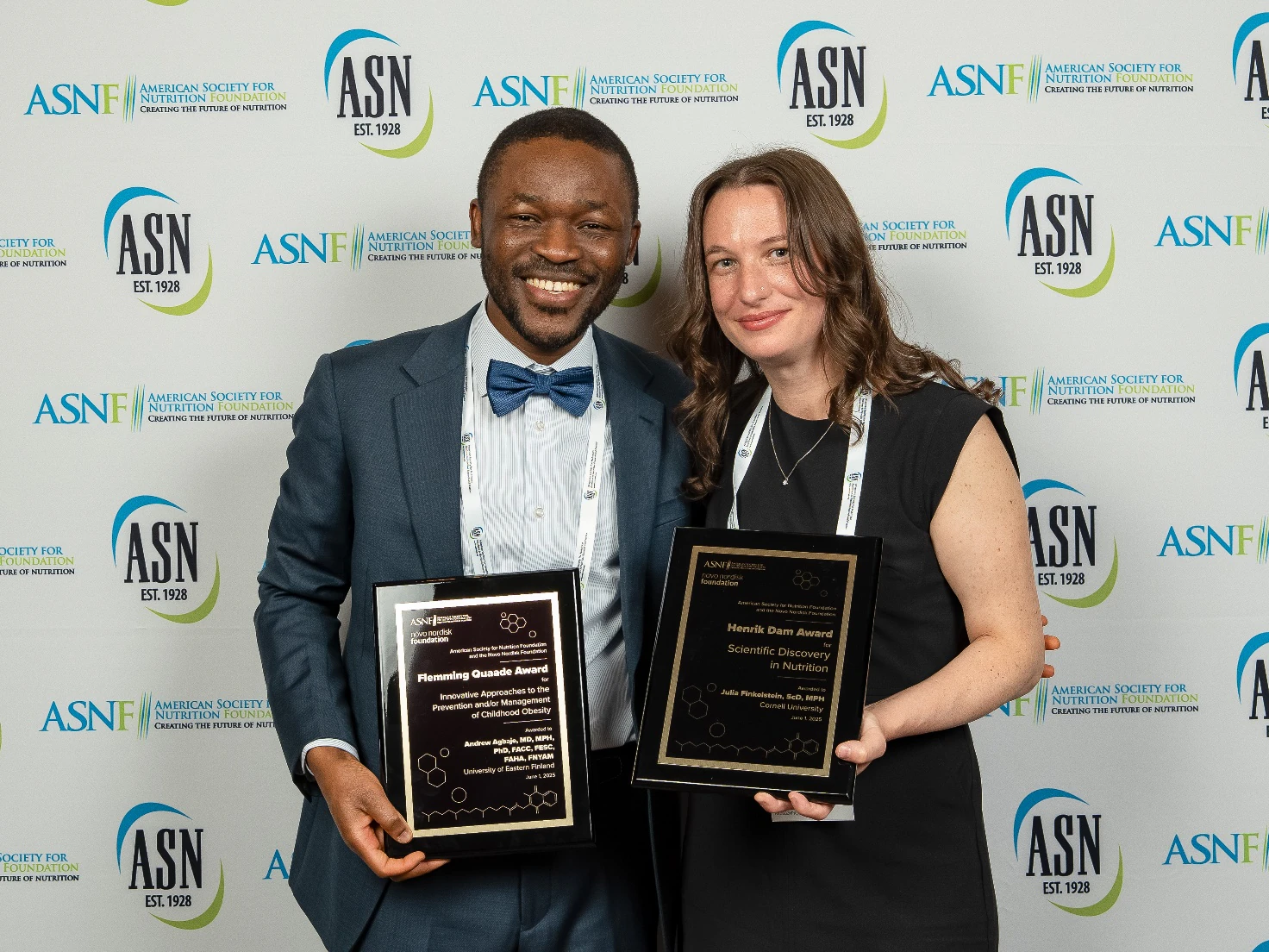 Prof. Andrew Agbaje and Prof. Julia Finkelstein, inaugural Fleming Quaade and Henrick Dam awardees of the American Society for Nutrition, Orlando, Florida, US, June 2025.