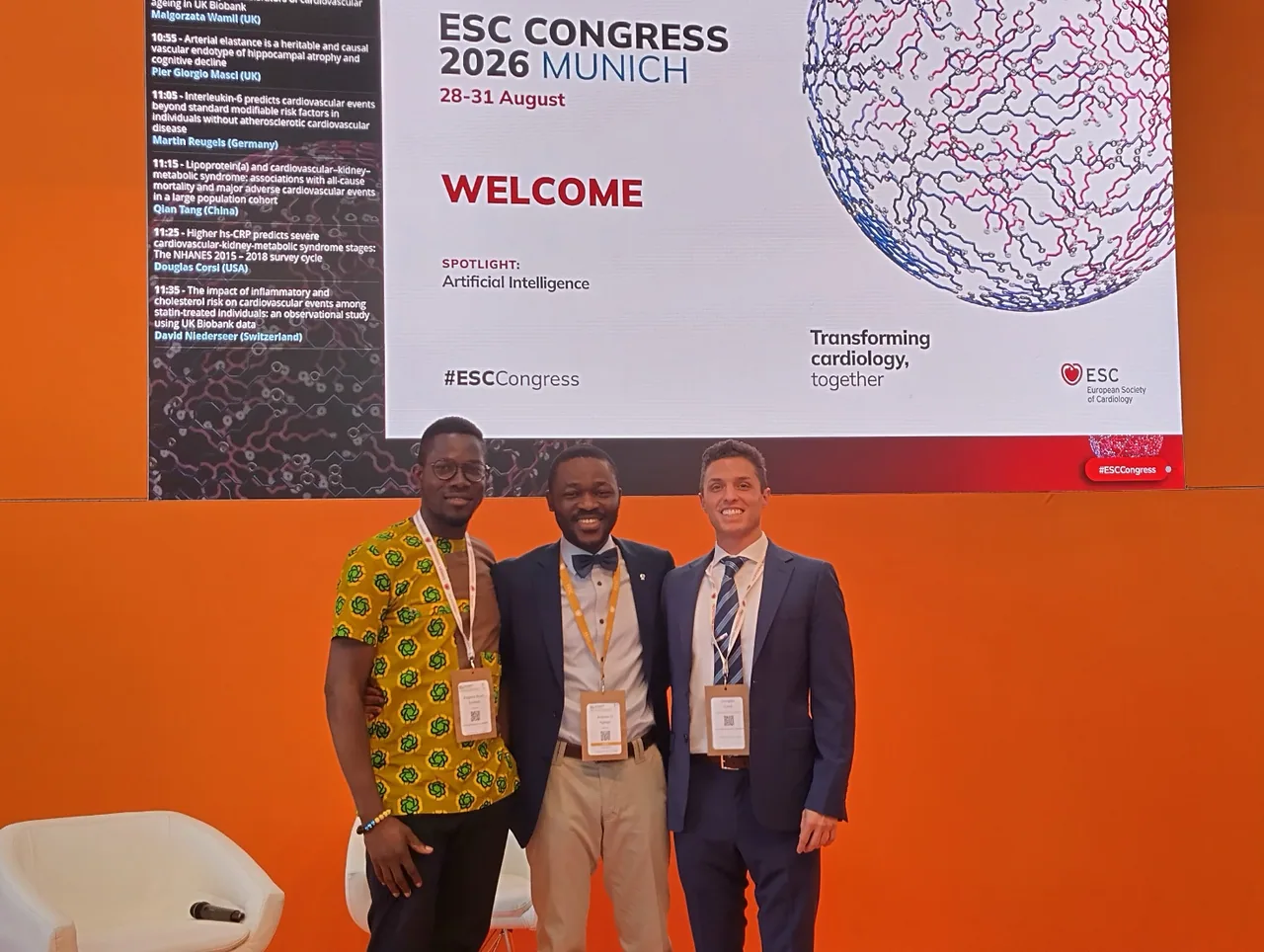 Dr Douglas Corsi and Eugene Enimah post-oral presentation at the ESC Congress in Munich, Germany, August 2026.