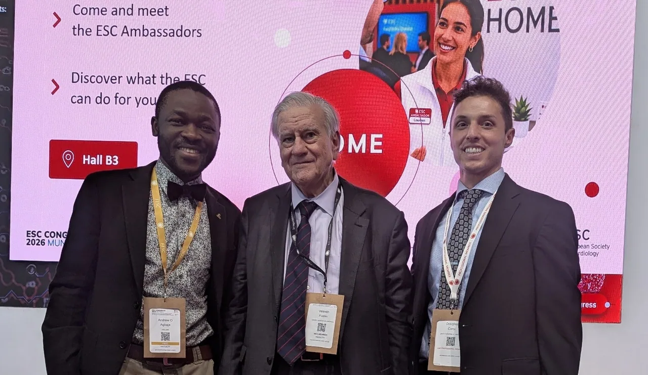 World's best cardiologist and preventive cardiology champion, 83-year-old Professor Valentin Fuster with Dr Douglas Corsi and Professor Agbaje at the ESC Congress in Munich, August 2026.